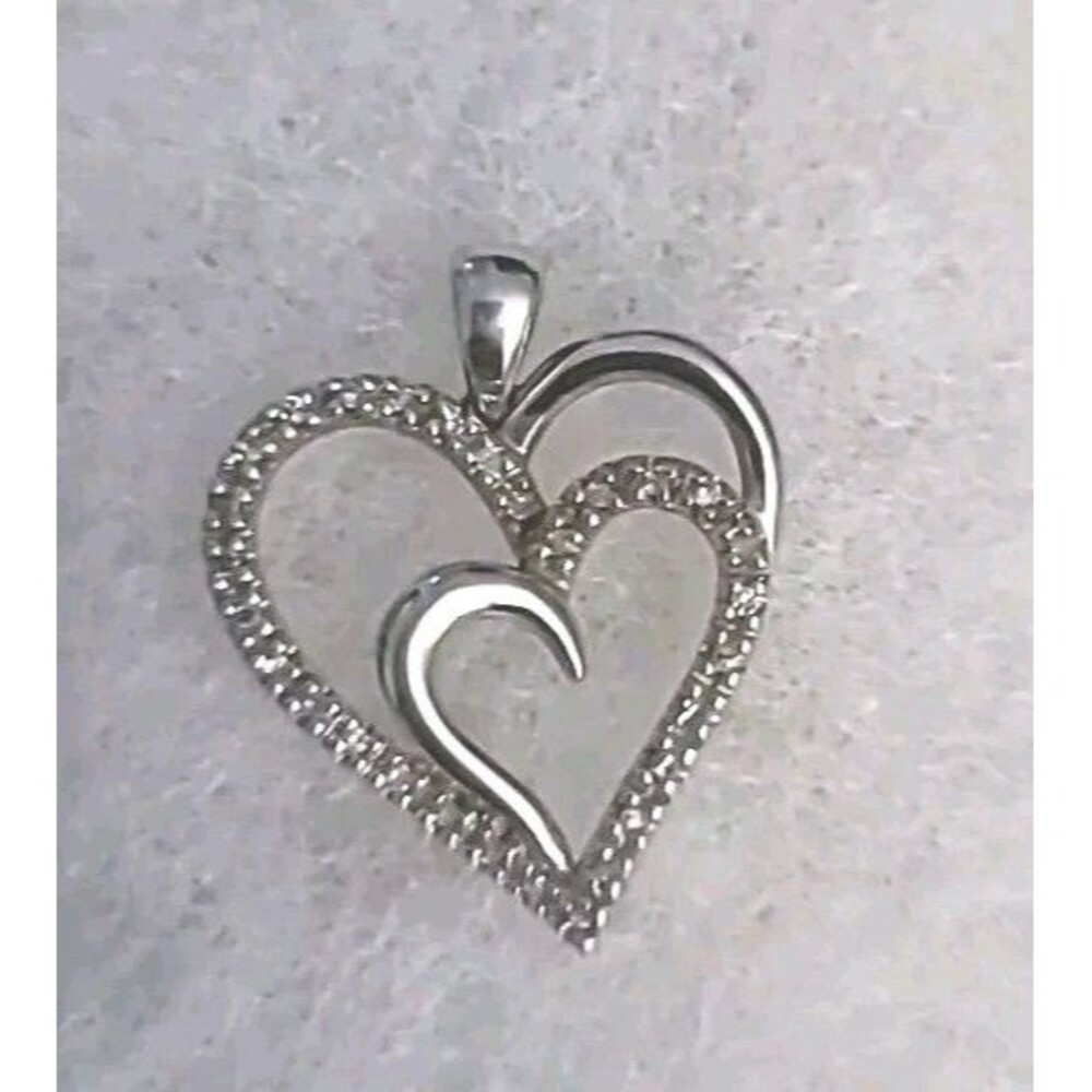 SIGNED SUN*STERLING SILVER* DIAMONDS*DOUBLE HEART PENDANT*